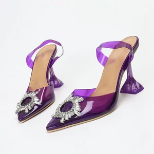 2022 Summer Womens Sandals Fashion Pointed Toe Rhinestone Sunflower PVC Transparent Crystal Heel Party High Heels Shoes
