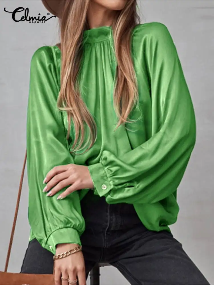 

Celmia Leisure Pleats Blusas Stand Collar Satin Solid Tops Long Puff Sleeve Blouses 2022 Summer Women Fashion All-match Shirts