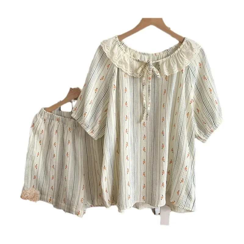 Пижамный комплект женский из хлопка и шелка тонкая Домашняя одежда с короткими