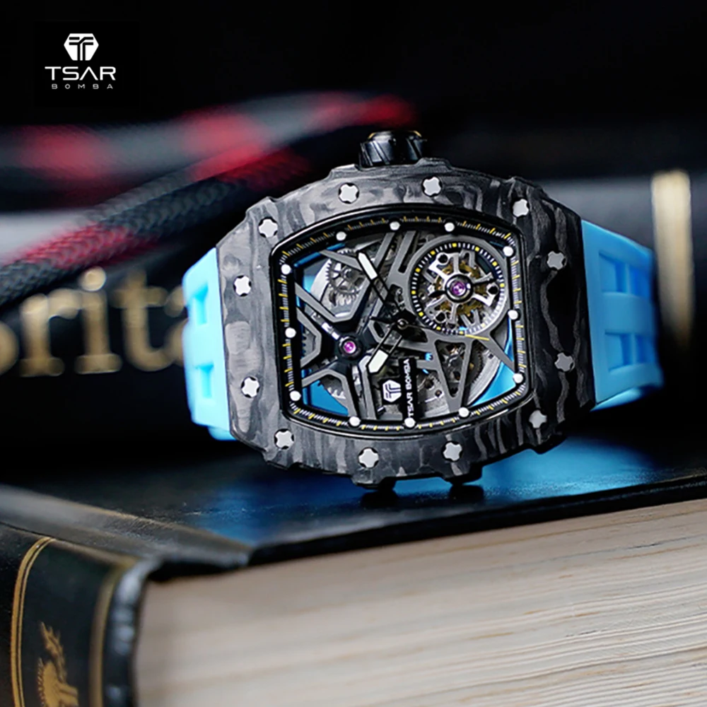 

New Design Mens Watch Carbon Fiber Wristwatch Automatic Mechanical Japan MOvement Sapphire Luxury Skeleton Clock for Man