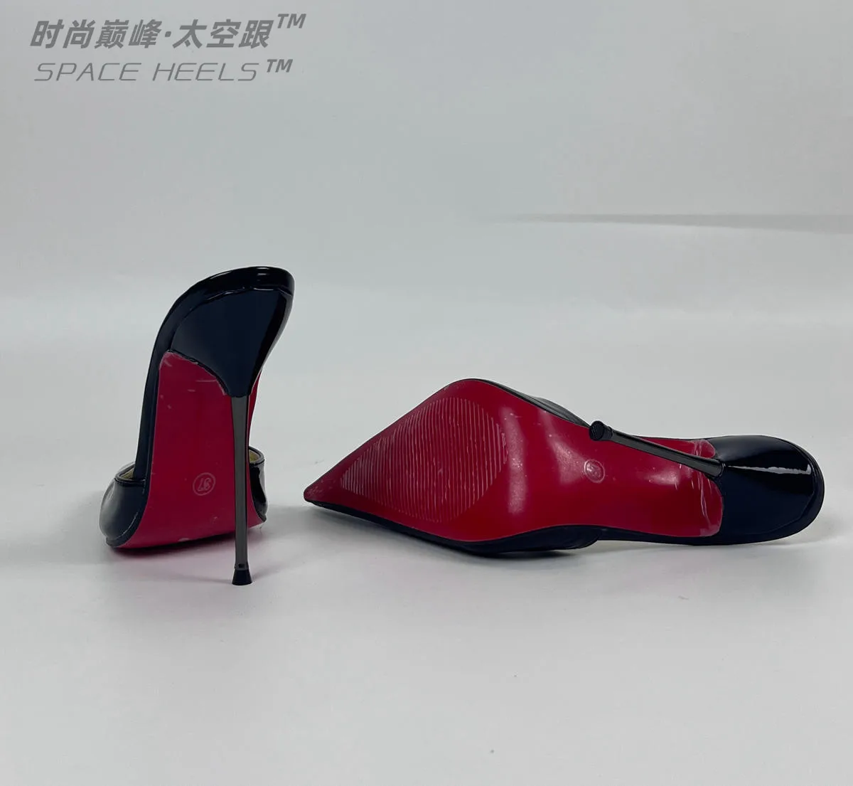 Seek Mate Space Heel 14cm European and American Customized Pointed High Heels Sexy Men's and Women's Shoes Red Sole Black Patent