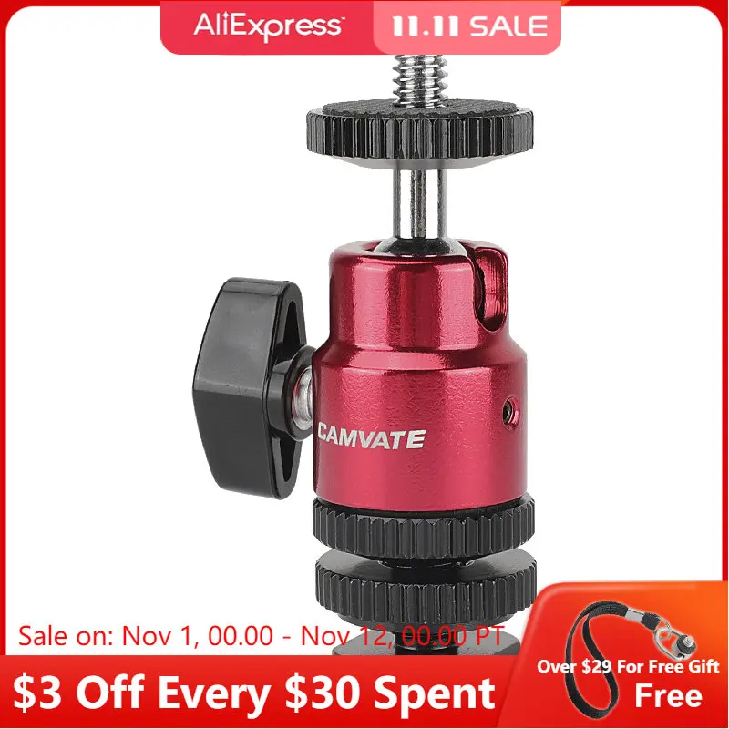 

CAMVATE Ball Head Support (Red) With Double End 1/4"-20 Threads + Shoe Mount Adapter With 1/4" Lock Nuts
