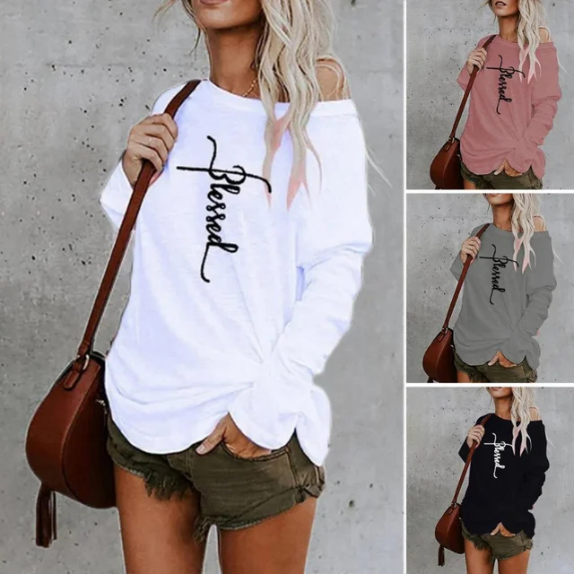 Women Shirt Long Sleeve Letter Print Breathable Blouse Fashion One Shoulder Loose Pullover Top Female Clothing Streetwear 2022 1