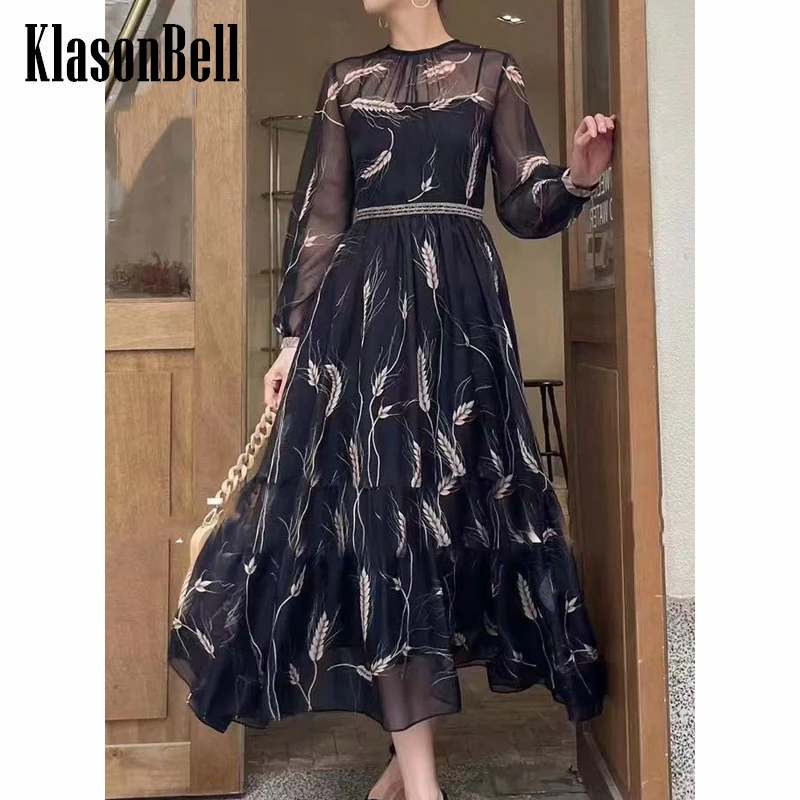 

7.6 KlasonBell Elegant Temperament Print Silk Long Dress Women
