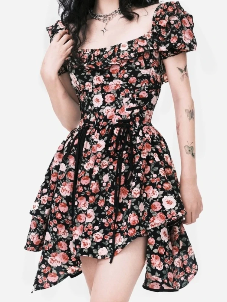 

Floral Elegant Sexy Party Mini Dress Women Summer Print Korean Style Fairy Dress Bubble Sleeve Casual Vintage France Dress 2022