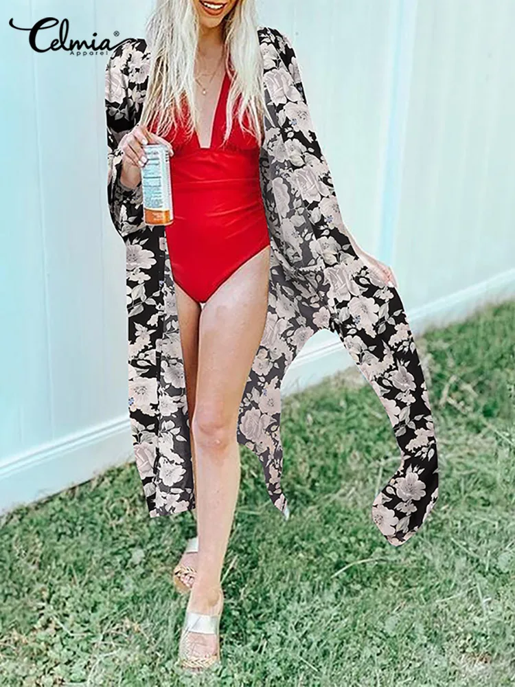 

Women Bohemian Floral Print Blouse Celmia Summer 3/4 Sleeve Cardigan 2022 Holiday Bat Sleeve Kimonos Fashion Sunscreen Cover Up
