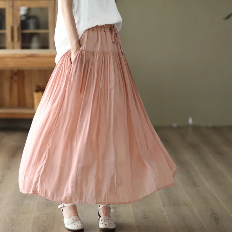 

Women Cotton Linen Long Skirt Bottoms Sweet Cute Kawaii for Summer Spring Female Fashion Clothing 0262