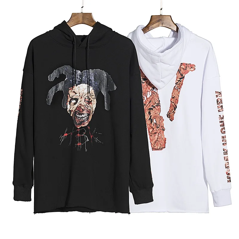 

High Street Fashion Brand Vlone Joint Name Limited Zombie Ghost Face Portrait Big V Hooded Hoodie Autumn and Winter Sweatshirts