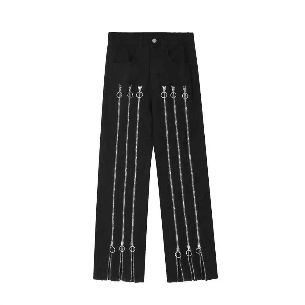 

American Street Zipper Design Sexy Punk Rock Straight Jeans Men's Hip Hop Dark Casual Wide Leg Trousers Hot Pants