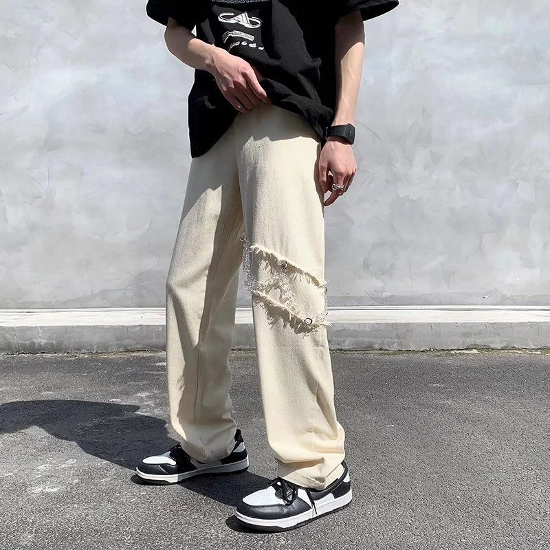 Chain Baggy Jeans Men Fashion Casual Wide Leg Jeans Men Streetwear Korean Loose Hip Hop Straight Denim Pants Mens Trousers M-2XL