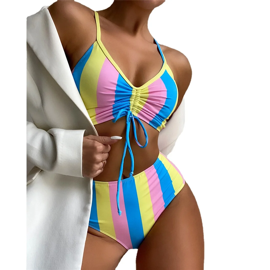 

Colorful Striped Lace Up Bikini Set Female Swimsuit High Waist Women Crop Top Swimwear Two-pieces Bather Bathing Suit Swim Lady