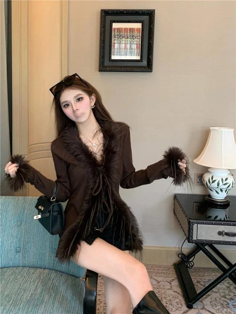 Осенне-зимний вязаный кардиган корейской серии Retro Burr Western Sle с v-образным вырезом