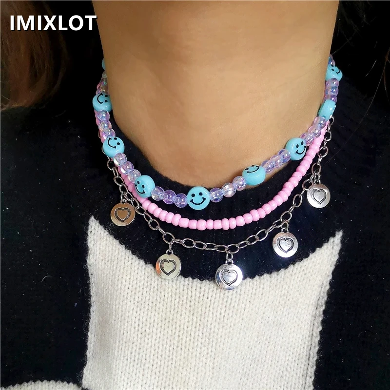 

Kpop Heart Pendant Chain Choker Pink Blue Seed Beads Strand Necklace For Women Goth Punk Aesthetic Jewelry EMO Y2K Accessories