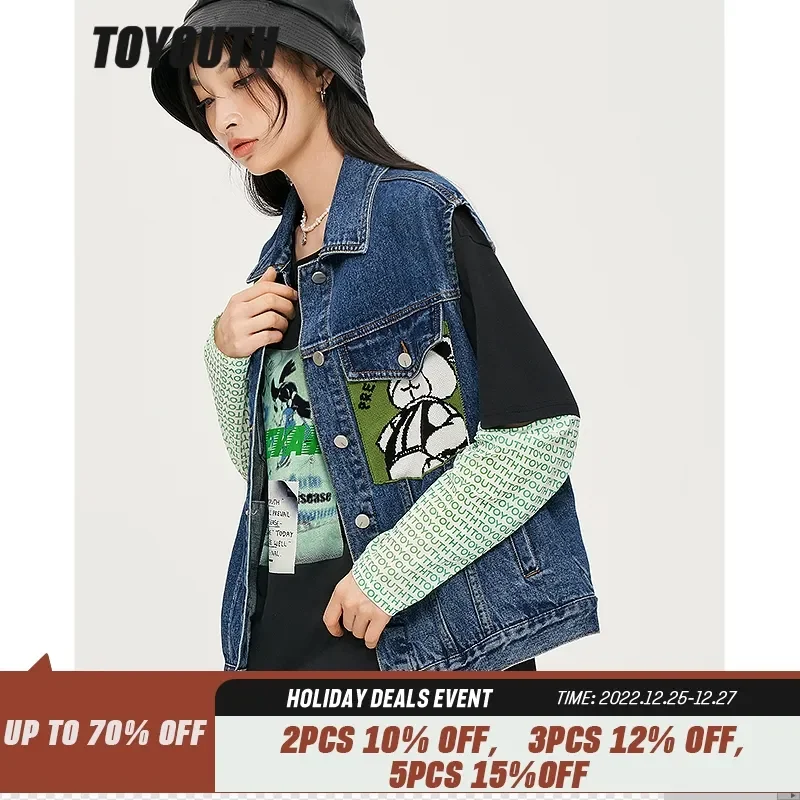 

NEW2023 Toyouth Women Vest Coats 2022 Autumn Sleeveless Polo Neck Loose Denim Jacket Knit Bear Print Blue Casual Streetwear Outw