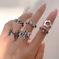 vintage gothic butterfly angle flower multi element ring set for women men retro punk finger ring party jewelry gifts