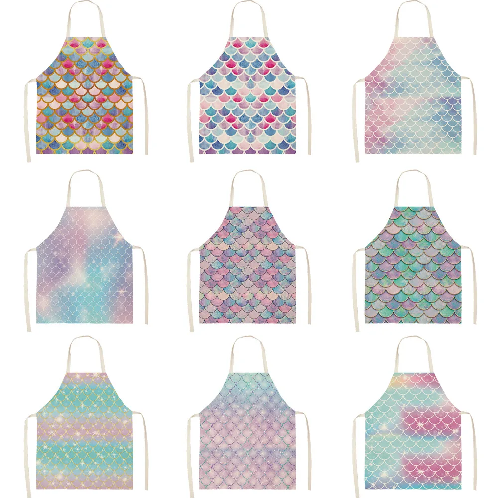 

Color fish scales Priinting Women Kitchen Aprons Cooking oil-proof Cotton Linen Antifouling Chef Apron 68*55cm