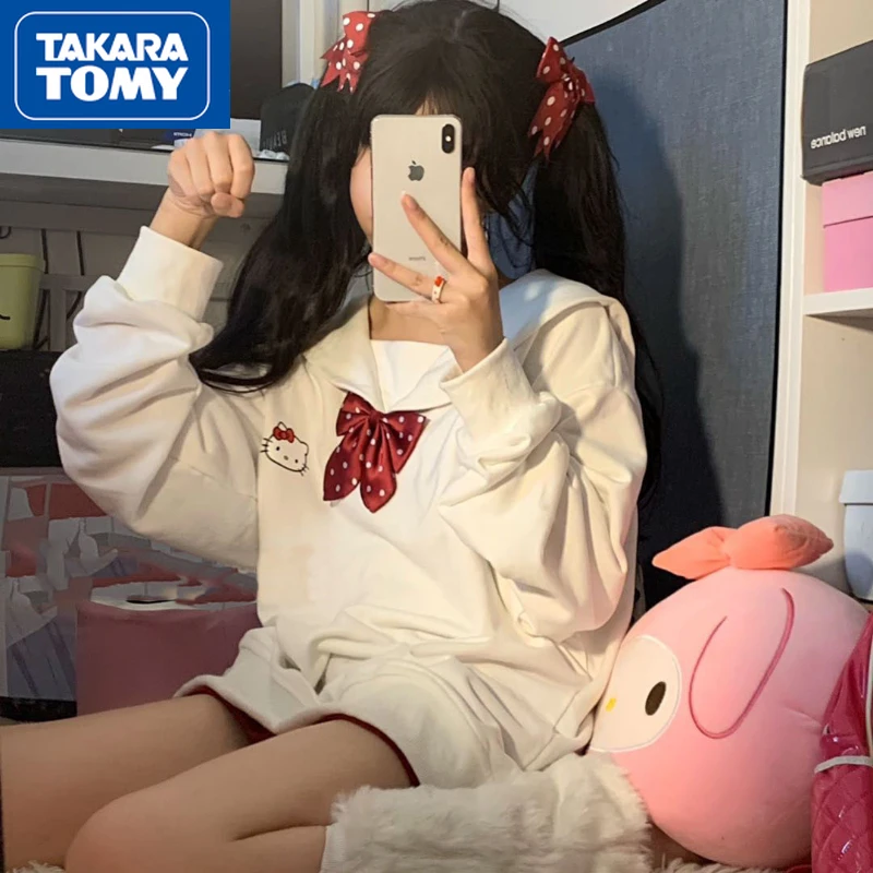 

TAKARA TOMY Spring Summer Thin Section Girls Hello Kitty Cotton Navy Collar Loose Long-sleeved Student White Sweet Simple Top