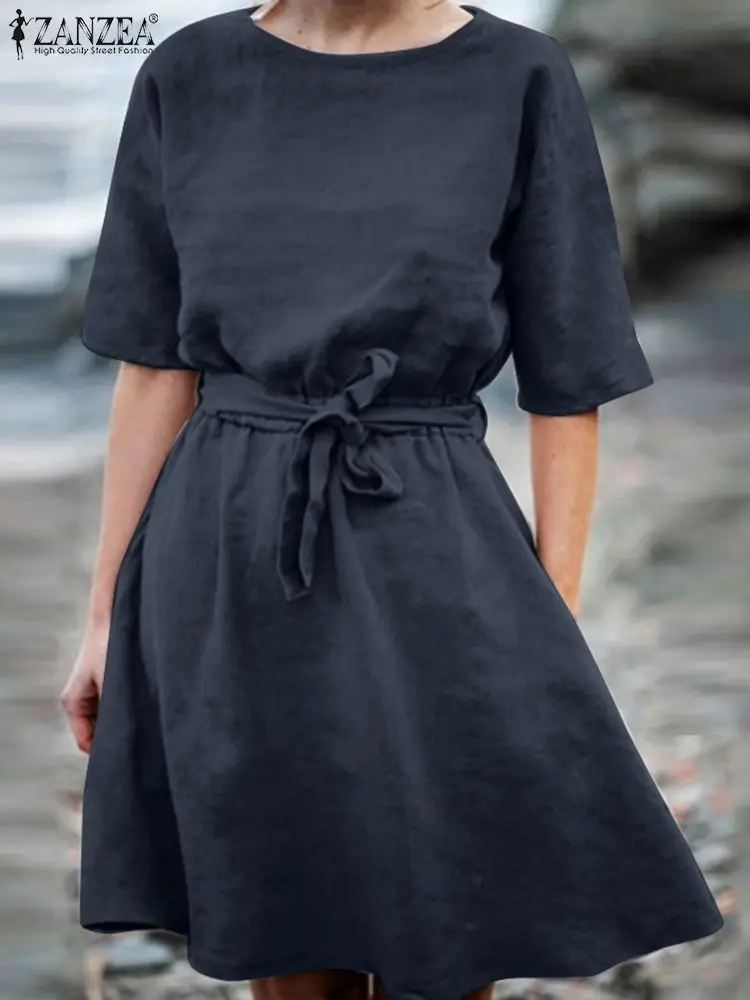 

ZANZEA Half Sleeve O-Neck Cotton Knee Length Sundress Women Solid Dress Femme Vintage Fashion Causal Holiday Tunic Work Robe