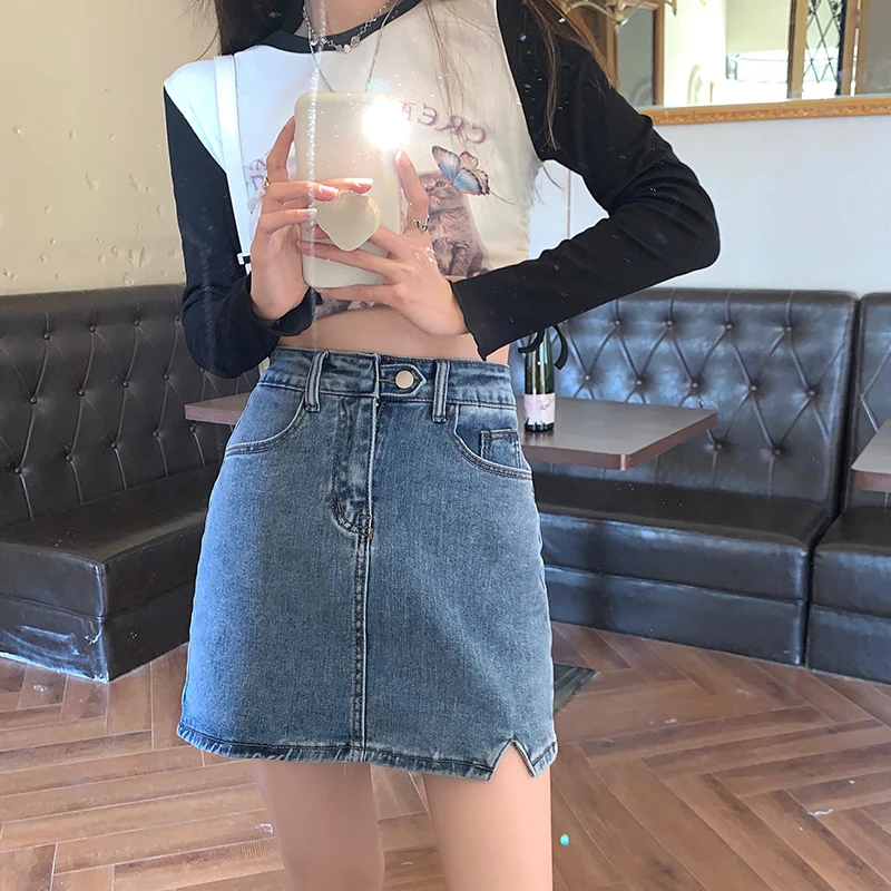 Denim Skirt Women's Summer Blue High Waist Jeans Shorts Casual Slim Versatile Split Wrap Hip A-line Short Skirt