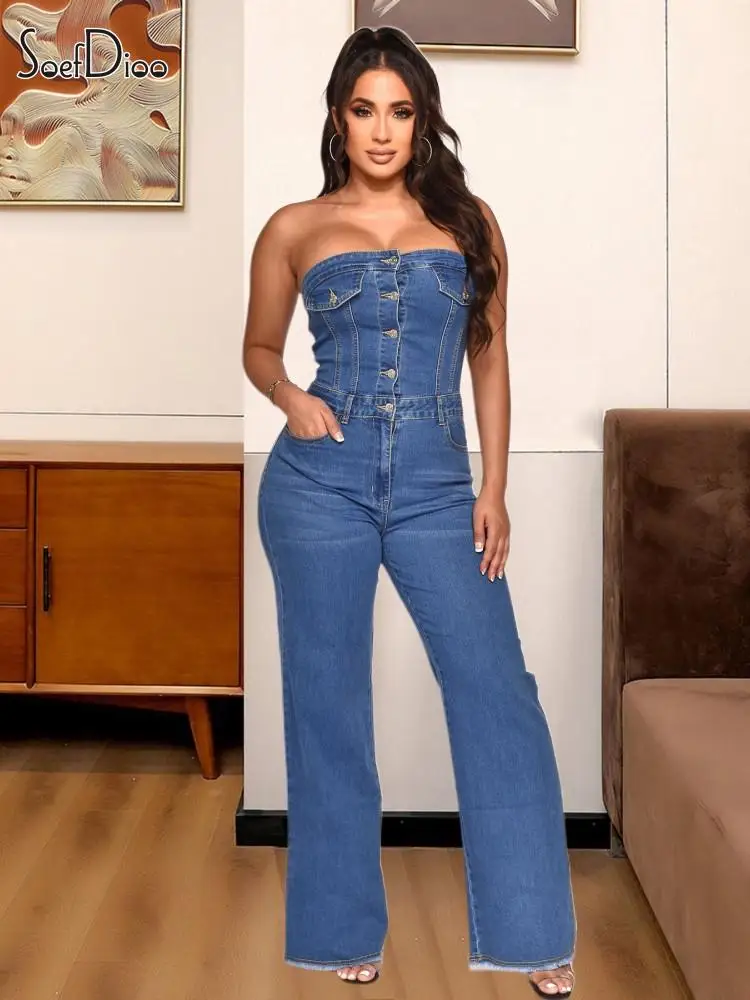 

Soefdioo пикантный джинсовый комбинезон без бретелек на пуговицах спереди без рукавов Женский Повседневный джинсовый комбинезон с широкими штанинами слитный комбинезон 2023 уличная одежда