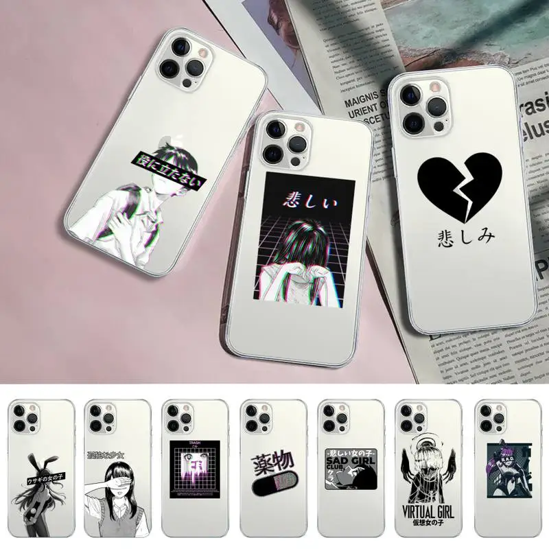 

YNDFCNB Sad Japanese Anime Phone Case for iPhone 11 12 13 mini pro XS MAX 8 7 6 6S Plus X 5S SE 2020 XR clear case