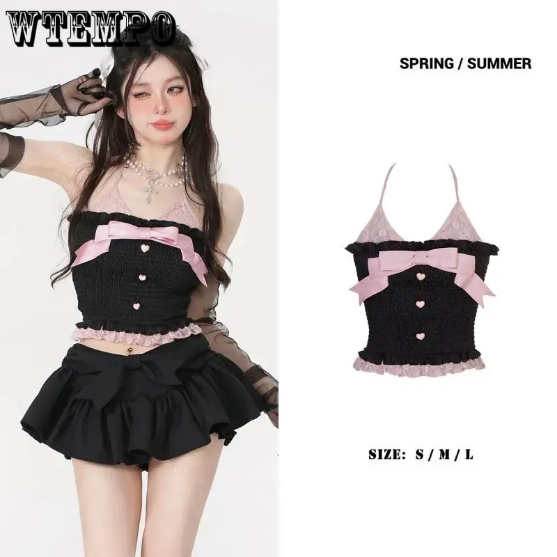 

Halter Lace Up Camis Elastic Tube Top Bow Knot Black Pink Sweet Cool Women Short Top Sexy Slim Pure Desire Korean Fashion E-girl