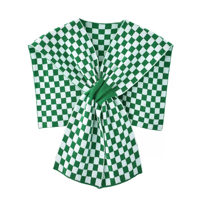 Spring Summer Korean Shawl Short Style With Waistcoat Women's New Chessboard Cross Knitted Bib With Fake Collar Green