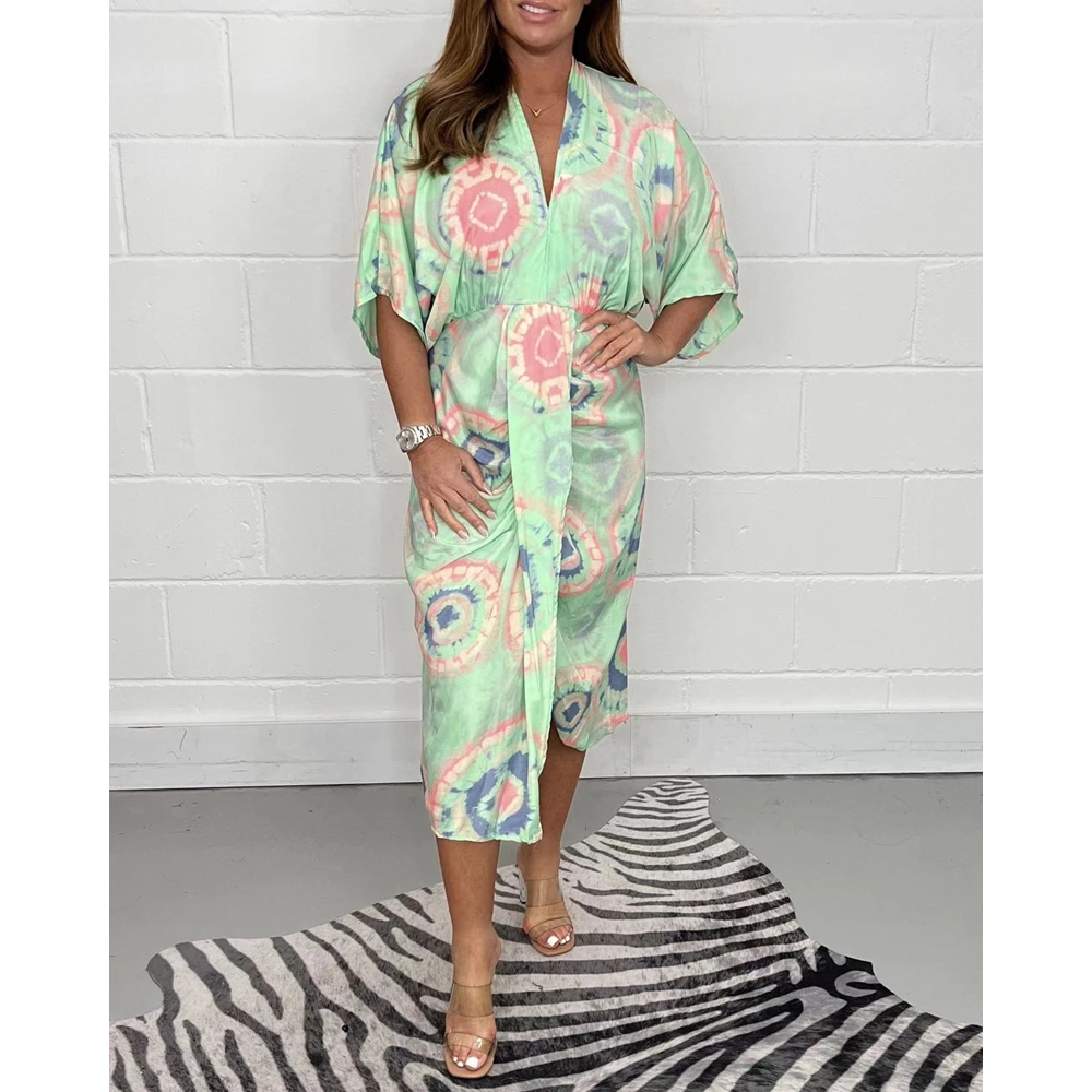 

Summer Fashion Women Abstract Print Raglan Sleeve High Slit Casual Dress Elegant Robe Femme V-Neck Midi Long Dress Vacation Wear