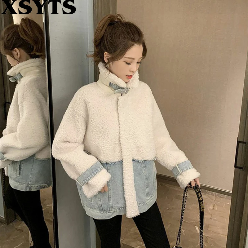 

Женская утепленная джинсовая куртка, короткое кашемировое пальто из искусственной овечьей шерсти, корейская мода, Осень-зима 2022
