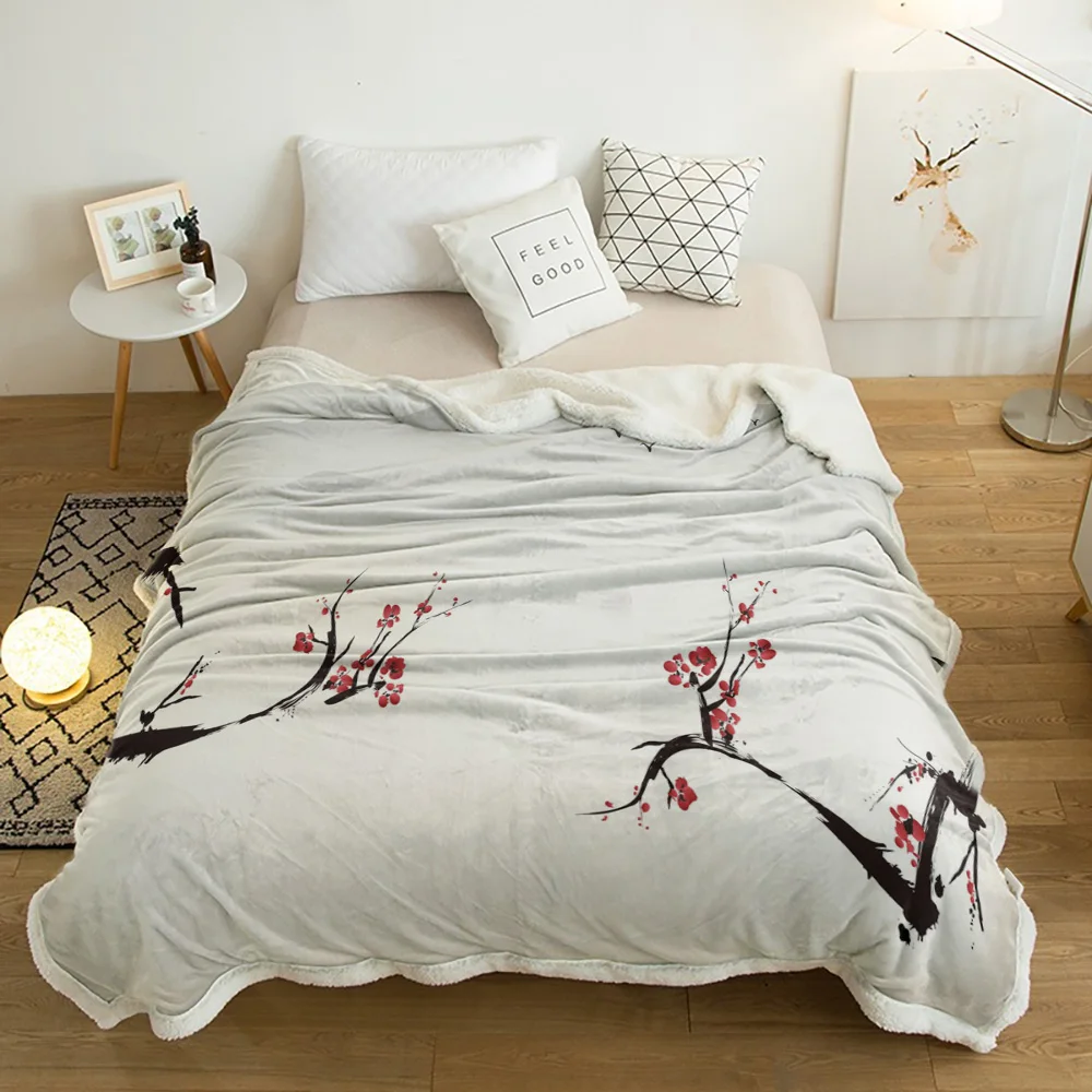 

Chinese Style Flower Plum Blossom Scenery Lamb Cashmere Fleece Blanket Home Bed Sofa Winter Sherpa Bedding Kids Thick Bedspread