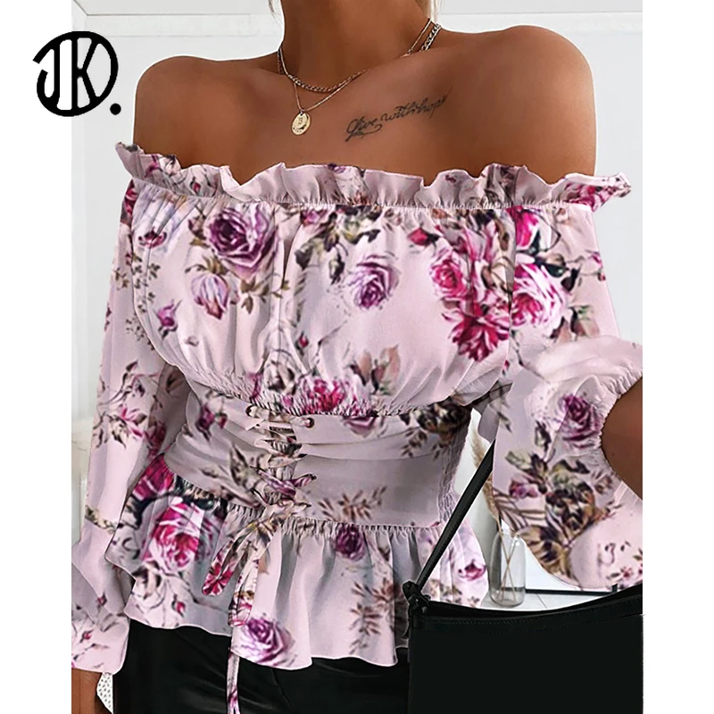 Женский пуловер с цветочным принтом, с открытыми плечами и воротником-стойкой, Весенняя Футболка с оборками, корсет с длинным рукавом, пикантные женские топы на шнуровке
