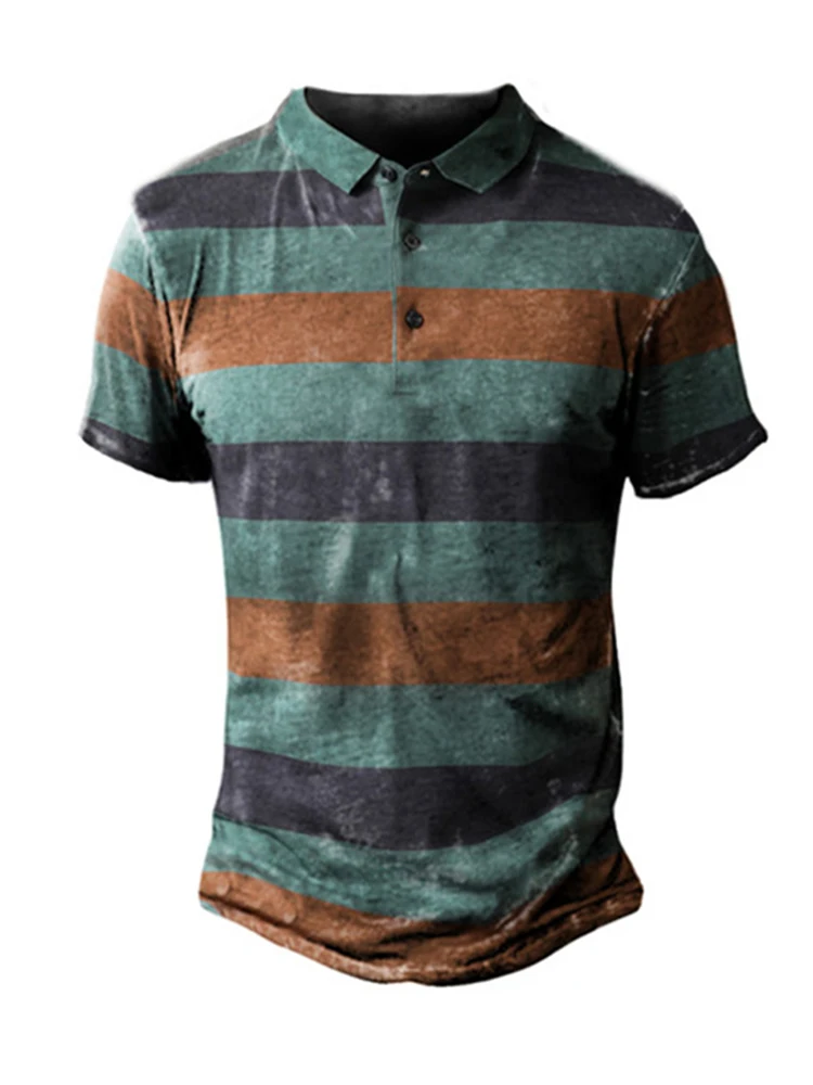 

Мужская Винтажная Футболка-поло в полоску, с коротким рукавом и отворотом, на пуговицах