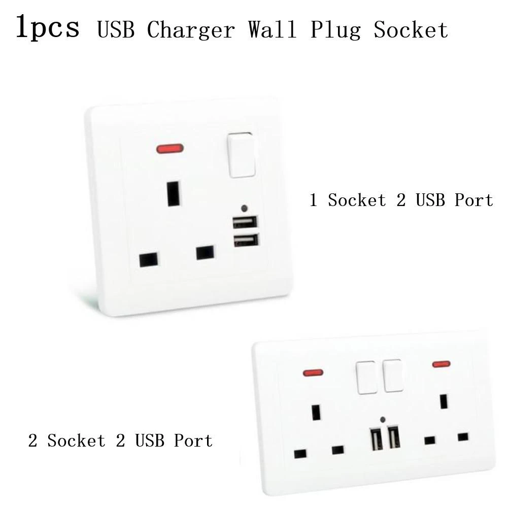 

Rechargeable Wall UK Outlet Board DC 5V/2.1A Double Wall Mount Plug Socket 2 Gang 13A 2 Charger USB Ports Outlets Flat Plate