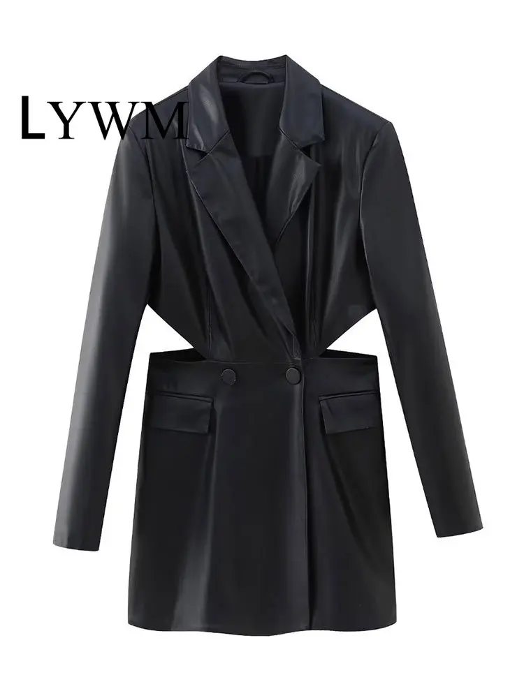 

LYWM Women Fashion Black PU Jacket Blazer Vintage Nothed Neck Hollow Out Double Breated Long Sleeves Female Chic Outwear