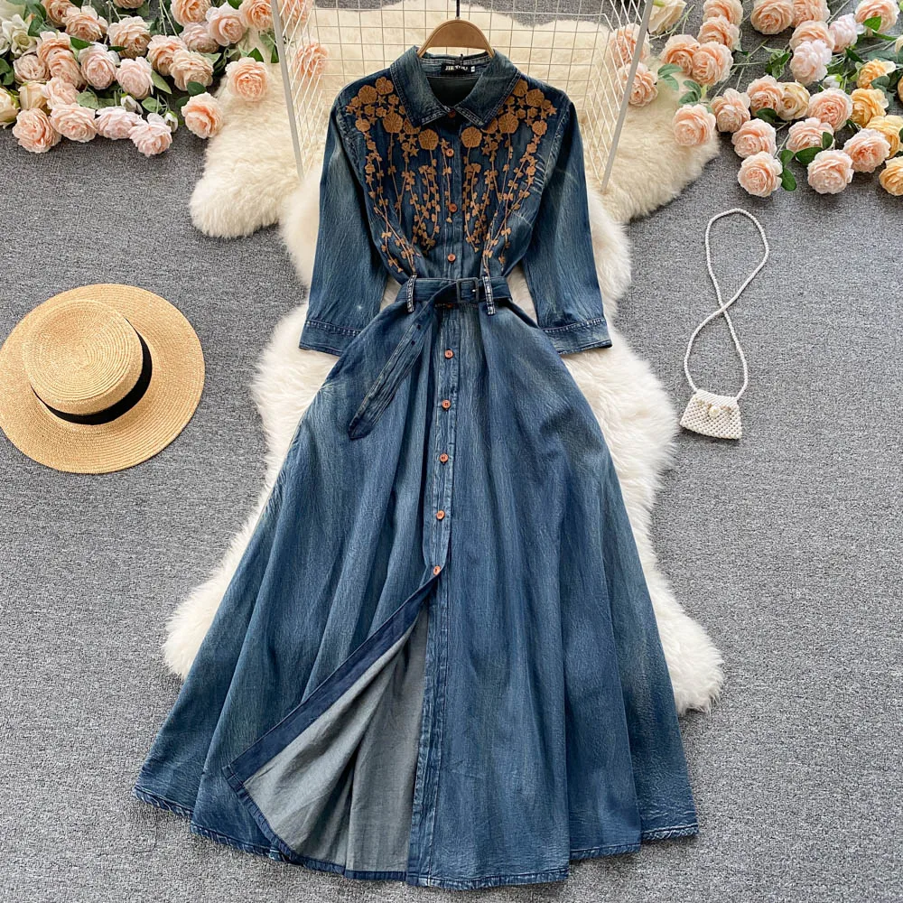 

High Quality Embroidery Denim Dress Women Turndown-Collar Single Breasted A-line Robe Femme Spring New Split Vestidos De Fiesta