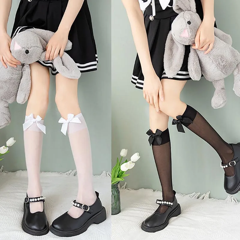 

Summer Women Sexy Transparent Stockings Knee High Socks Soft Nylon Elastic for Girls Japanese Lolita JK Sweet Thin Socks Black