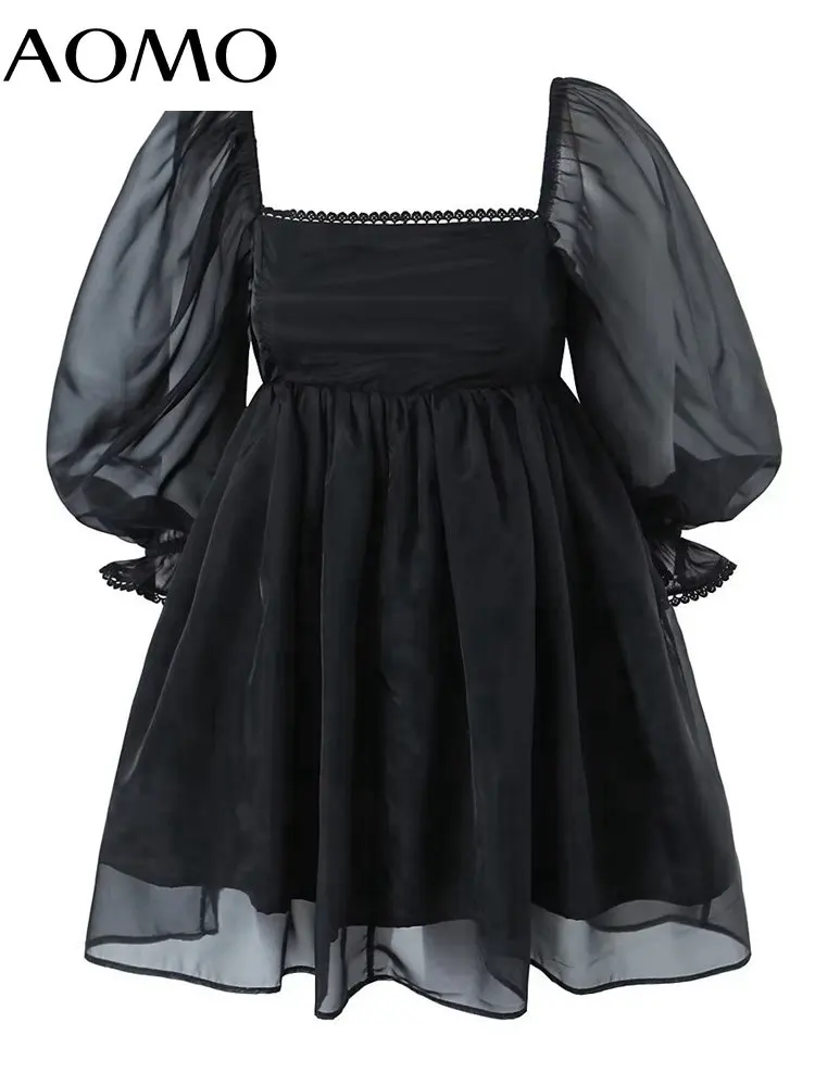 

Женское винтажное платье-трапеция AOMO, черное Сетчатое платье с пышными короткими рукавами и квадратным вырезом, 4D22A