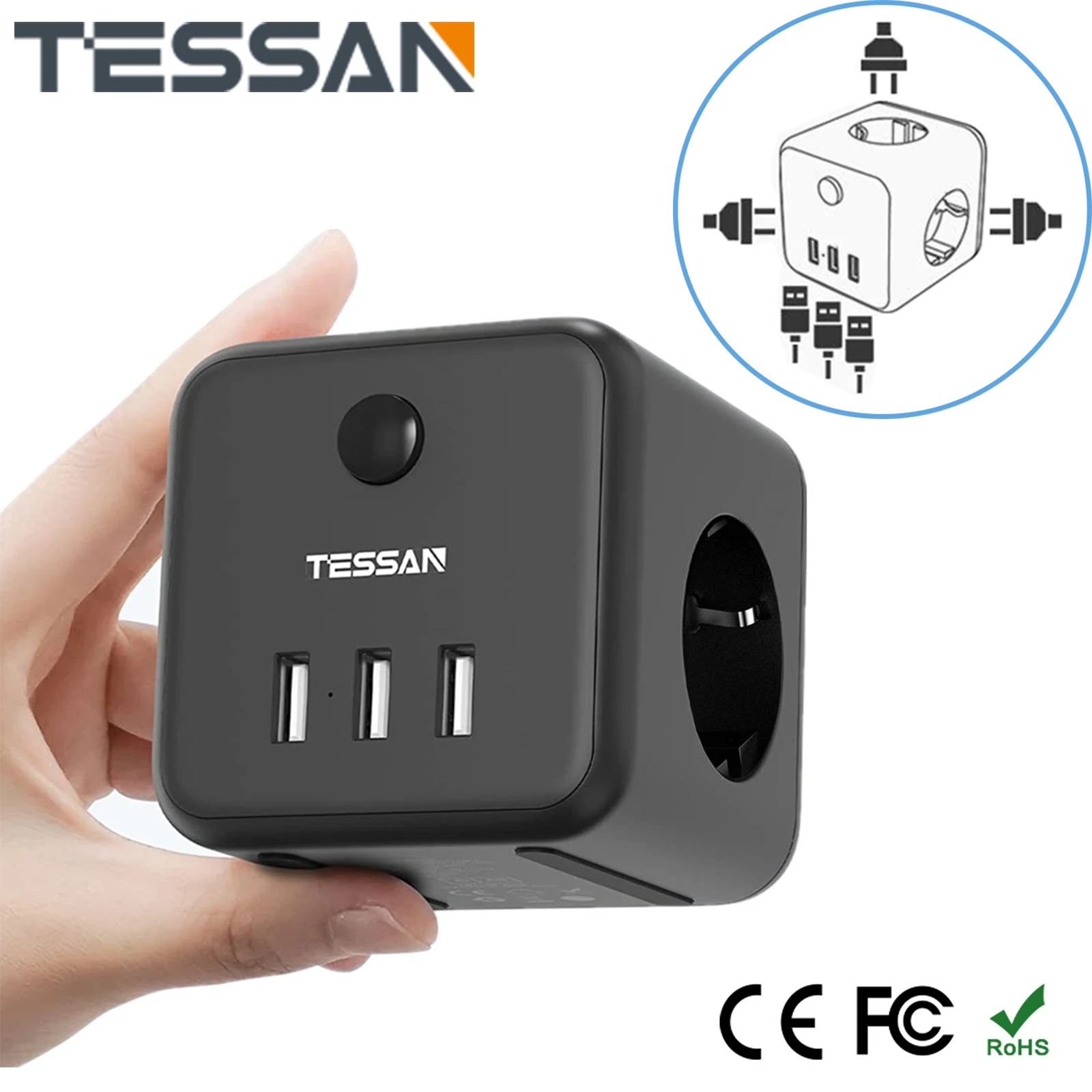 

TESSAN USB Wall Plug, Cube Plug 1/3 Outlets with 2/3 USB Ports Thief Power Strip Overload Protection for Phone, Tablet, Camera