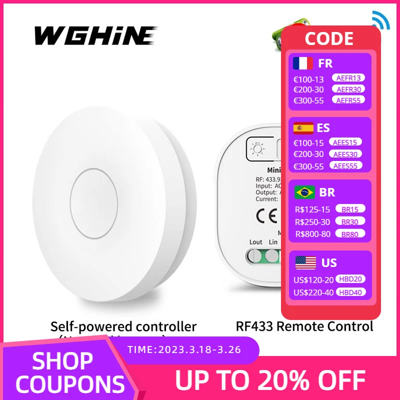 

WGHINE Round Mini Light Switch RF 433Mhz Wireless Panel Switch Self Powered Strong Signal Remote Controller Transmitter for Home