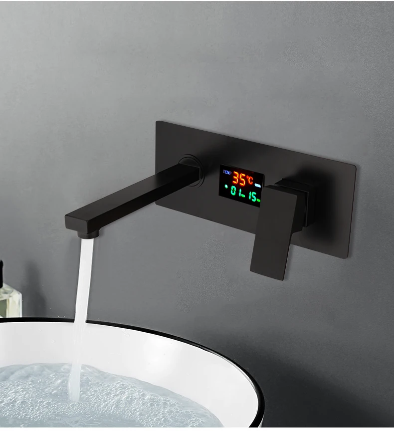 

YANKSMART Matte Black Bathroom Faucet Wall Mount Basin Bathtub Sink Faucet Washbasin Mixer Water Tap With Embedded Box Combo Kit