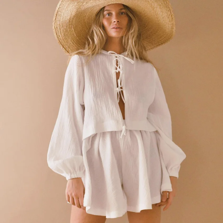 

NHKDSASA Women's Pajamas Cotton Lacing Sexy White Lantern Sleeve Pajama Sets High Waist New In Matching Sets Slit Home Wear 2023