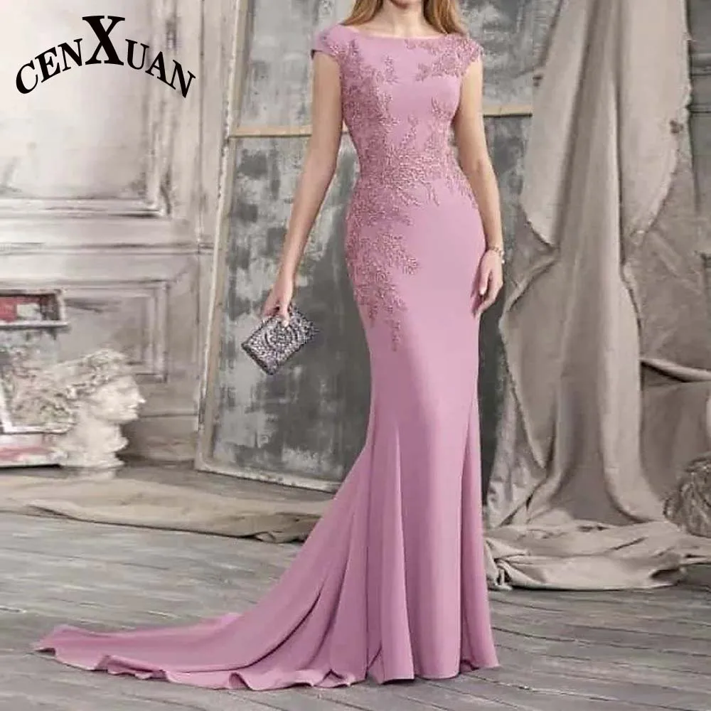 

Cenxuan Pink Mermaid Appliques Mother of The Brides SCOOP Zipper Evening For Women Formal Party Robes De Soirée Custom Made