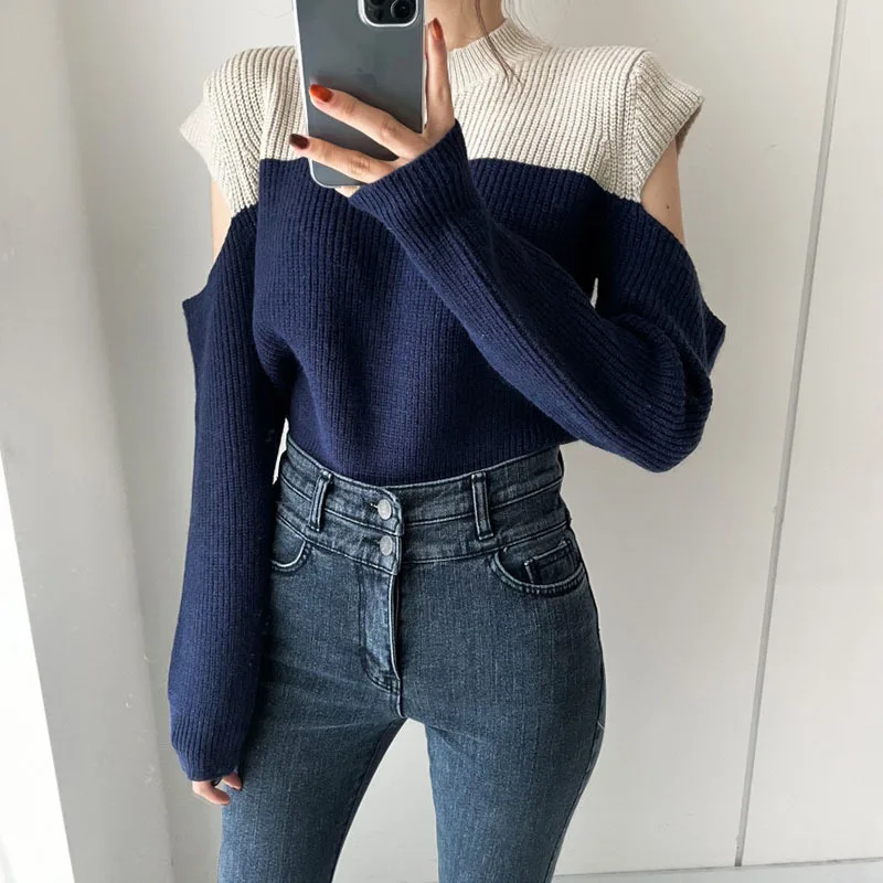 

Korea Chic Casual Trend Women O Neck Contrast Stitching Fashion Off-shoulder Long-sleeved Sweater Top Autumn 2023