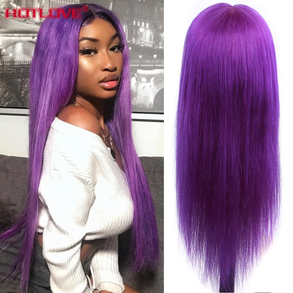 Purple Lace Front Human Hair Wigs Brazilian Yellow Straight Transparent Lace Frontal Wigs Pre Plucked 150% Remy Colored Hair Wig