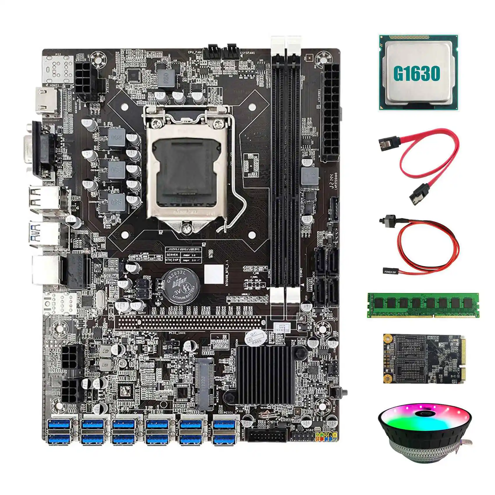 

B75 BTC Mining Motherboard 12 USB+G1630 CPU+RGB Fan+DDR3 4GB 1600Mhz RAM+128G SSD+Switch Cable+SATA Cable Motherboard