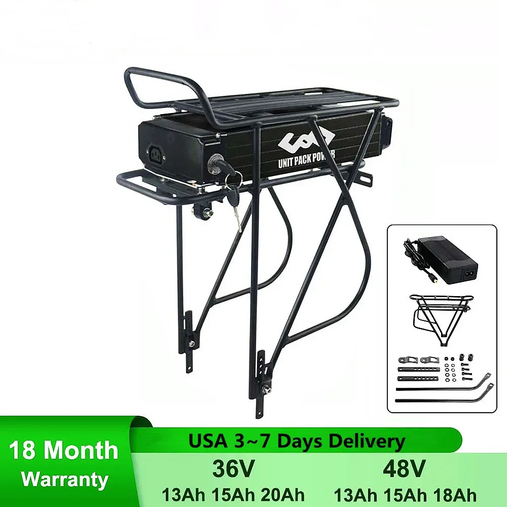 

36V 48V 52V Rear Rack Electric eBike Battery 13Ah 15Ah 18Ah With 24-28" Layer Luggage for 1000W 750W 500W 350W Bafang Motor