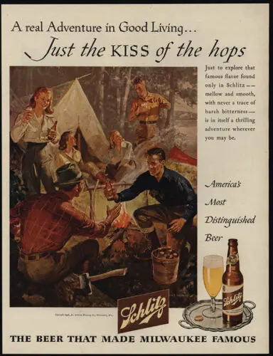 1p 1946 SCHLITZ BEER - Мужчины Женщины Кемпинг Наслаждайтесь лагерям Пожарная площадка
