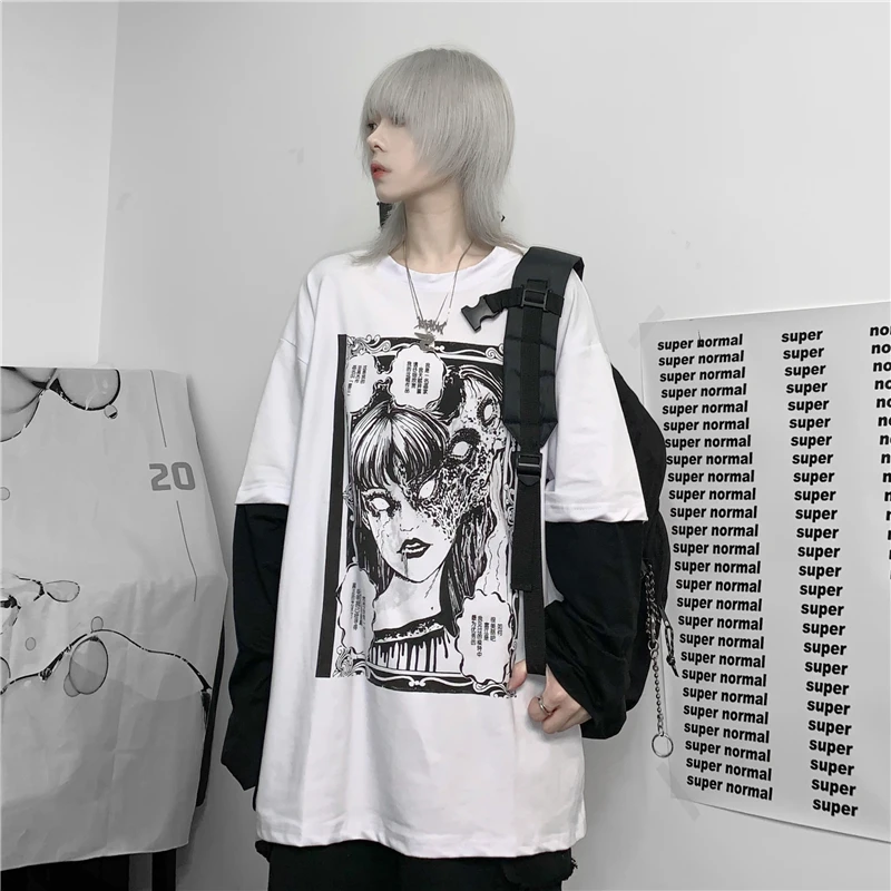 

Long Sleeve Gothic Goth Style Tshirt Tops Tee Junji Ito Horror Manga T-shirt Japanese Streetwear Emo Clothing Alt Clothes