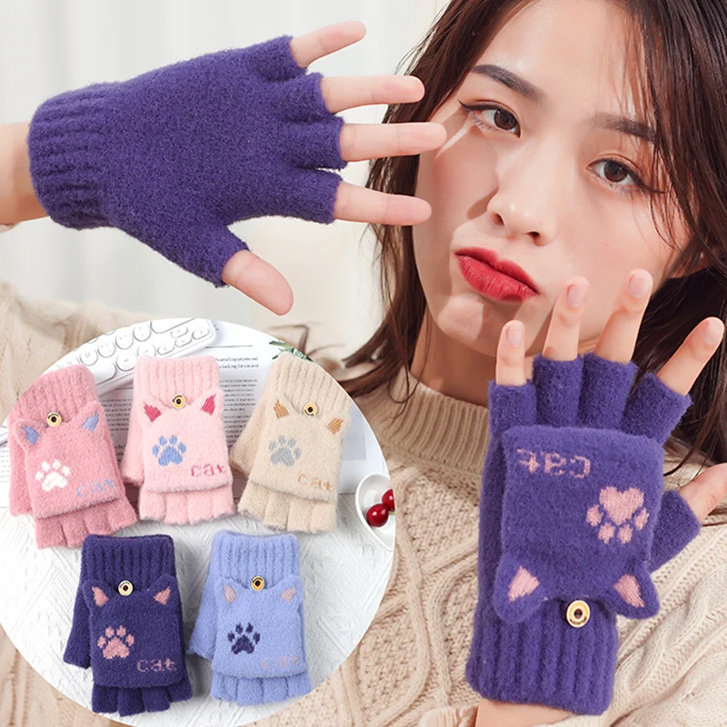 

Half Finger Flap Cover Gloves Winter Cute Cat Claw Touchscreen Mittens with Thick Velvet Warm Fingerless Flip Knitted Wool Glove
