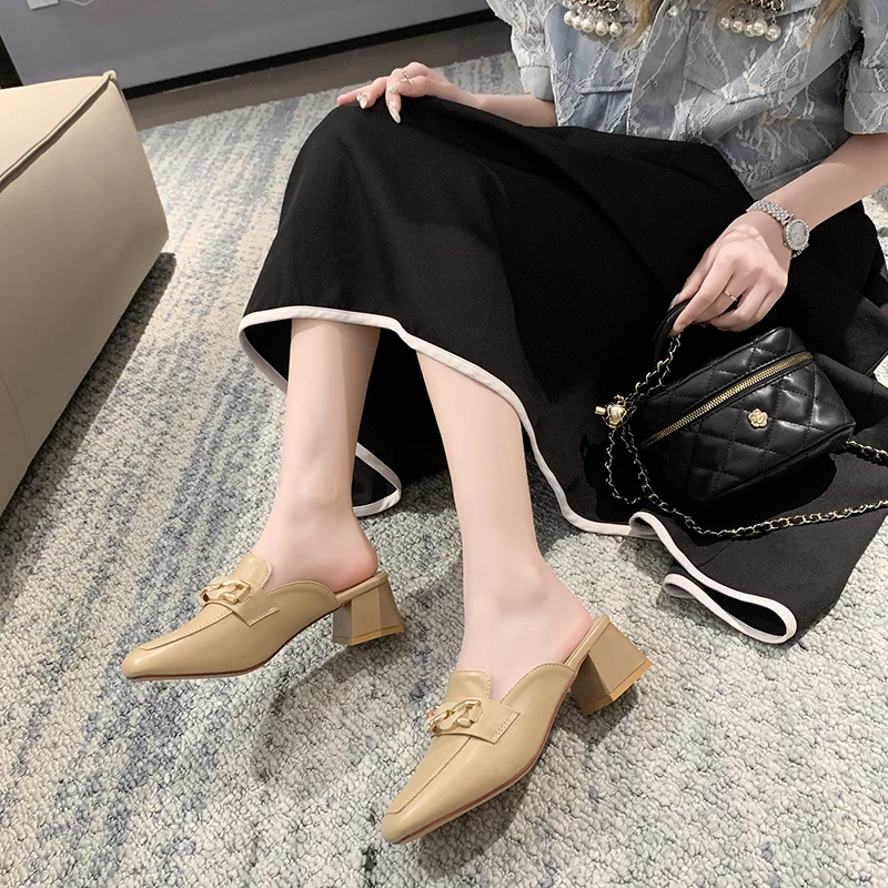 A7 Summer New Square Head Chain Slippers Women's Fashion Solid Color Temperament Net Red Comfortable High Heel Shoes Women